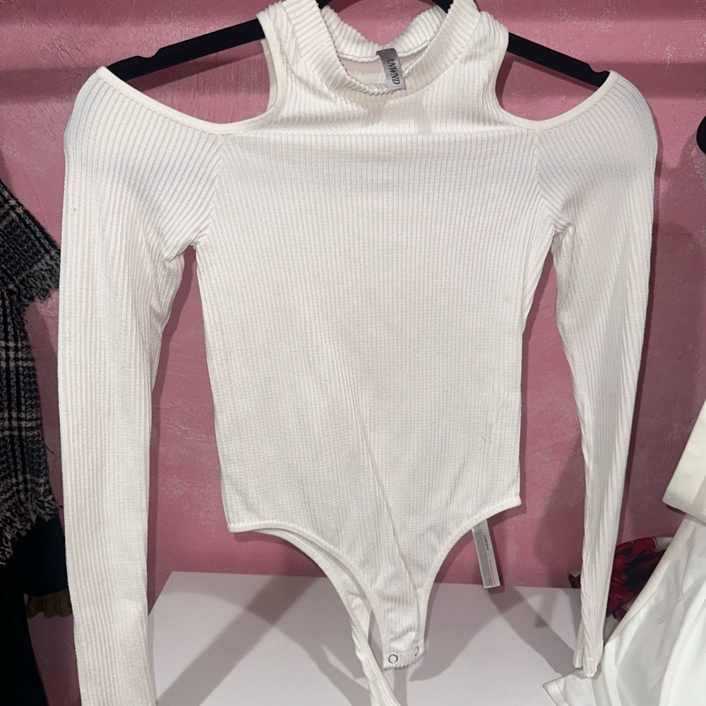 White Ribbed Cold Shoulder Bodysuit